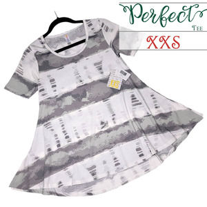 LuLaRoe Tie Dye Stripes Perfect T XXS NEW Grey White Swing Tunic Tee Top